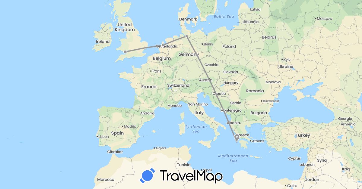 TravelMap itinerary: driving, plane in Germany, United Kingdom, Greece, Netherlands (Europe)